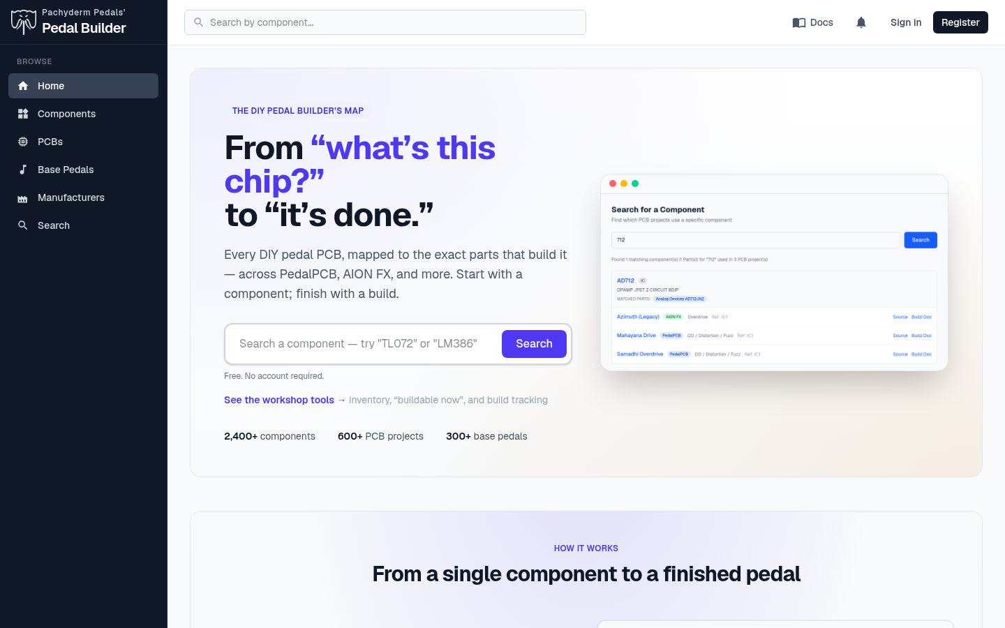 The Pedal Builder home page — search a component, finish with a build